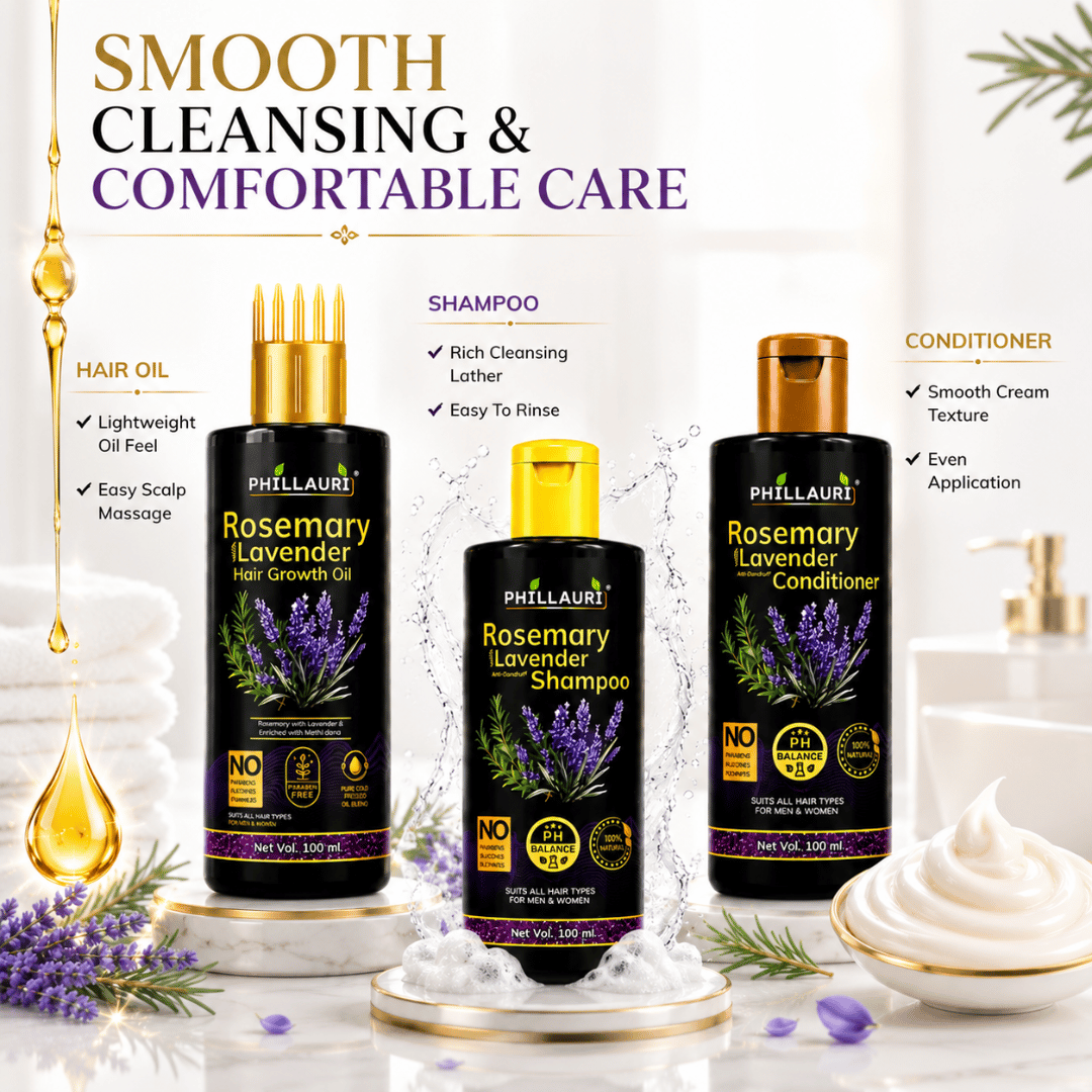 Phillauri Rosemary with Lavender 3-Step Hair Care System – Hair Oil, Shampoo & Conditioner